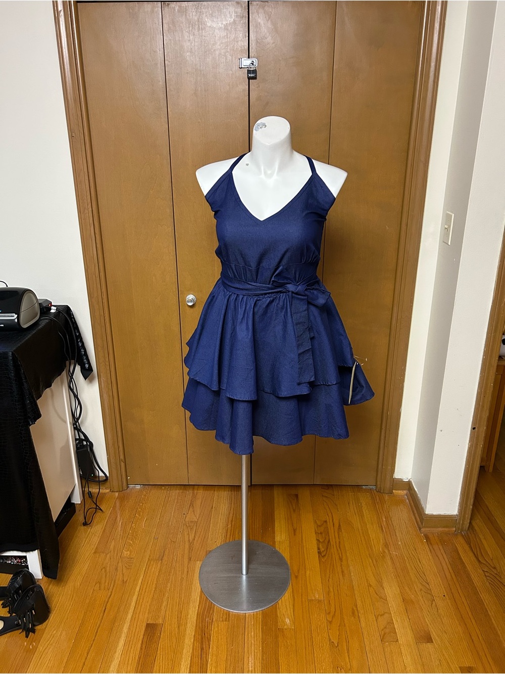 Tiered Navy Halter Midi Dress with Self-Tie Waist